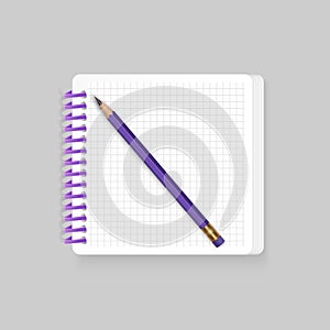 Blank spiral notepad notebook with realistic pencil on white background. Display Mock up for your entries, vector eps 10