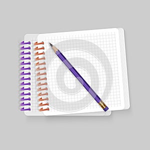 Blank spiral notepad notebook with realistic pencil on white background. Display Mock up for your entries, vector eps 10