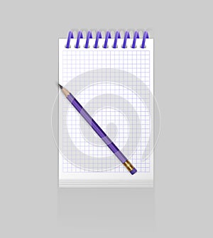 Blank spiral notepad notebook with realistic purple pen on white background. Display Mock up for your entries, vector