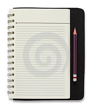 Blank spiral notepad and pencil isolated on white