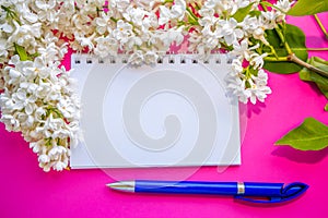 Blank spiral notepad, white lilac flowers and blue pen