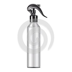 Blank spray bottle realistic mockup. White spraying container vector mock-up. Trigger pump sprayer with black cap template
