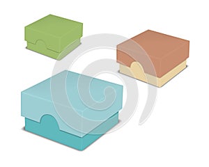 Blank square cardboard box with lift-off lid, vector mockup. Color set. Easy to recolor