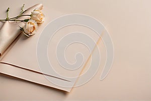 Blank square white greeting card lies among fresh, delicate flowers.