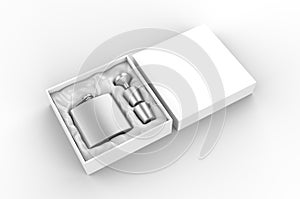 Blank  Stainless Steel Hip Flask and Cups Gift Set For Branding, 3d illustration.