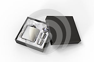 Blank  Stainless Steel Hip Flask and Cups Gift Set For Branding, 3d illustration.