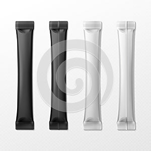 Blank sticks. Sugar pack, salt or coffee stick packing. Cappuccino foil. Food products packings isolated vector set