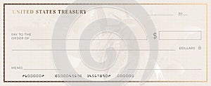 Blank stimulus bank check template. Fake checkbook mockup. photo