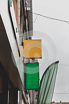 Blank Store Signboards on a Busy Street in Dinant, Belgium