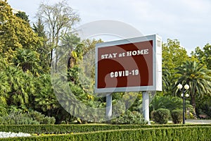 Blank street billboard poster in the park on the background of tropical plants. information banner, copy space for text