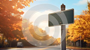 blank street sign in autumn road trip travel adventure on a sunny day
