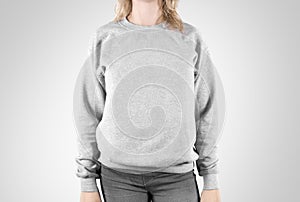 Blank sweatshirt mock up isolated. Female wear plain hoodie mockup.