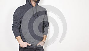 Blank sweatshirt mockup, male model, isolated background, cotton fabric hoodie design presentation