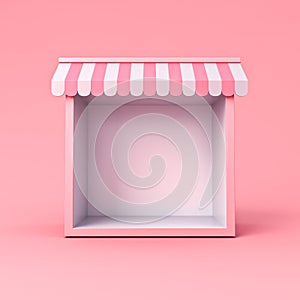 Blank sweet exhibition booth store or blank display shop stand with pink striped awning on pink pastel color background