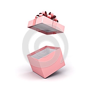 Blank sweet pink pastel color present box or open gift box with pink ribbon and bow isolated on white background