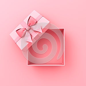 Blank sweet pink pastel color present box or top view of open gift box with pink ribbon and bow on pink background