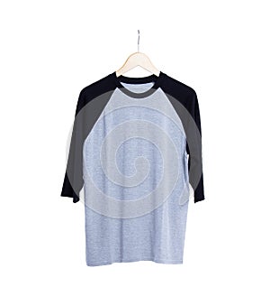 Blank t shirt raglan 3/4 sleeves front view with black heather grey color on wood hanger isolated on white background, ready for