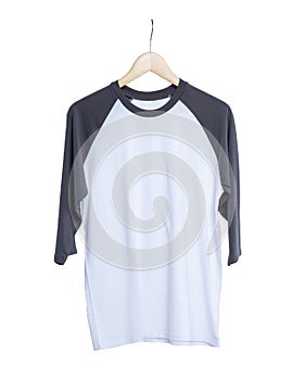 Blank t shirt raglan 3/4 sleeves front view with white grey color on wood hanger isolated on white background, ready for mockup