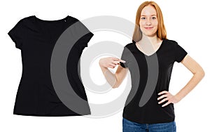 Blank t-shirt set front with female isolate on white background, t shirt close up background