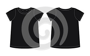 Blank t shirt technical sketch. Black color. Female T-shirt outline design template