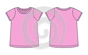 Blank t shirt technical sketch. Pink color. Female T-shirt outline design template