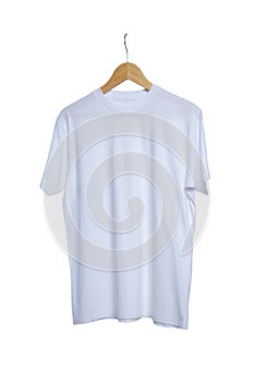 Blank t shirt white color on wood hanger isolated on white background, ready for mock up template