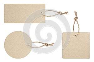 Blank tag tied for hang on product for show price or discount isolate on white background with clipping path. photo