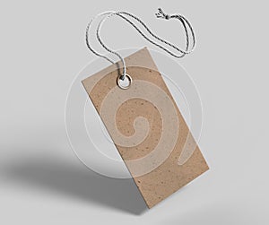 Blank tag tied with string. Price tag, gift tag, sale tag, address label isolated on grey background. 3d render illustration