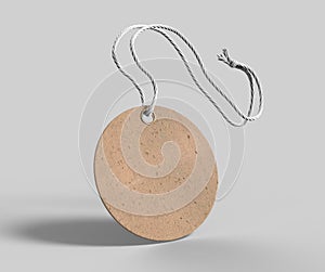 Blank tag tied with string. Price tag, gift tag, sale tag, address label isolated on grey background. 3d render illustration