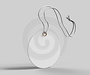 Blank tag tied with string. Price tag, gift tag, sale tag, address label isolated on grey background. 3d render illustration