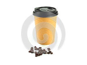 Blank take away kraft coffee cup with coffee bean isolated.