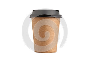 Blank take away kraft coffee cup on white background.