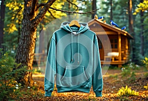 Blank teal hoodie hanging in a serene forest setting, ideal for fashion and apparel branding. photo