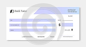 Blank template of the bank check isolated.