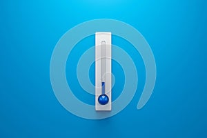 Blank template of Celsius and Fahrenheit thermometer on blue background with low temperature or winter concept. 3D rendering