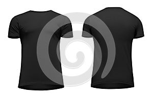 Blank template men black t shirt short sleeve, front and back view bottom-up, isolated on white background with clipping path.