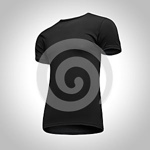 Blank template men black t shirt short sleeve, front view half turn bottom-up, on gray background. Mockup concept tshirt