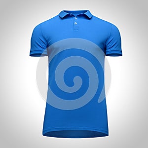 Blank template men blue polo shirt short sleeve, front view bottom-up, isolated on gray background with clipping path.