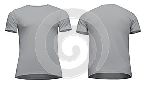 Blank template men grey t-shirt short sleeve, front and back view bottom-up, isolated on white background. Mockup concept tshirt