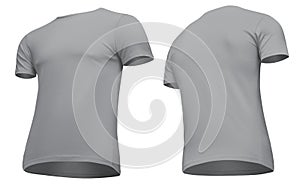 Blank template men grey t-shirt short sleeve, front and back view half turn bottom-up, white background. Mockup tshirt