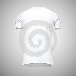 Blank template men white t shirt short sleeve, back view bottom-up, on gray background with clipping path. Mockup tshirt