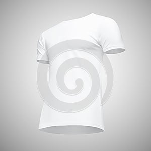 Blank template men white t shirt short sleeve, front view half turn bottom-up, on gray background. Mockup concept tshirt