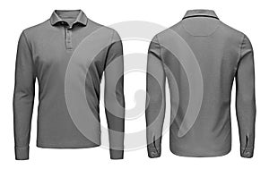 Blank template mens grey polo shirt long sleeve, front and back view, white background. Design sweatshirt mockup for print.