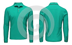 Blank template mens turquoise polo shirt long sleeve, front and back view, white background. Design sweatshirt mockup for print.