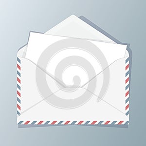 Blank template of open white envelope with empty sheet. Symbol o