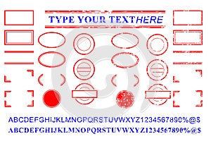 Blank template red and blue alphabet, number, percent, dollar, dot, star, rectangle, lines oval circle rubber stamp effect