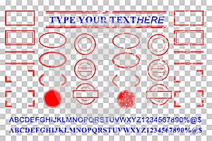 Blank template red and blue alphabet, number, percent, dollar, dot, star, rectangle, lines oval circle rubber stamp effect