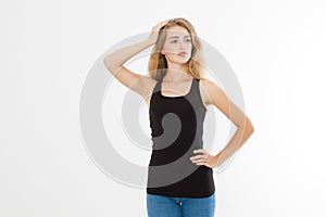 Blank template summer black t shirt. Blonde young woman in tshirt front view isolated on white background. Copy space and mock up.