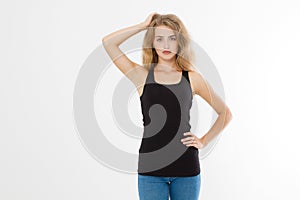 Blank template summer black t shirt. Blonde young woman in tshirt front view isolated on white background. Copy space and mock up.