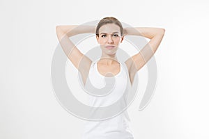 Blank template t shirt. Beauty Woman with perfect skin armpits and epilation isolated on white background. Laser hair removal.